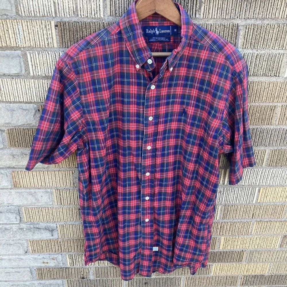 Ralph Lauren Men's‎ Medium MADRAS Short Sleeve Button Down HAND WOVEN Fall Plaid